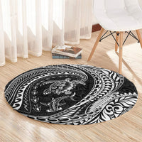 Hawaiian Turtle and Shark Round Carpet Kakau Tribal with Polynesian Pattern Black Color