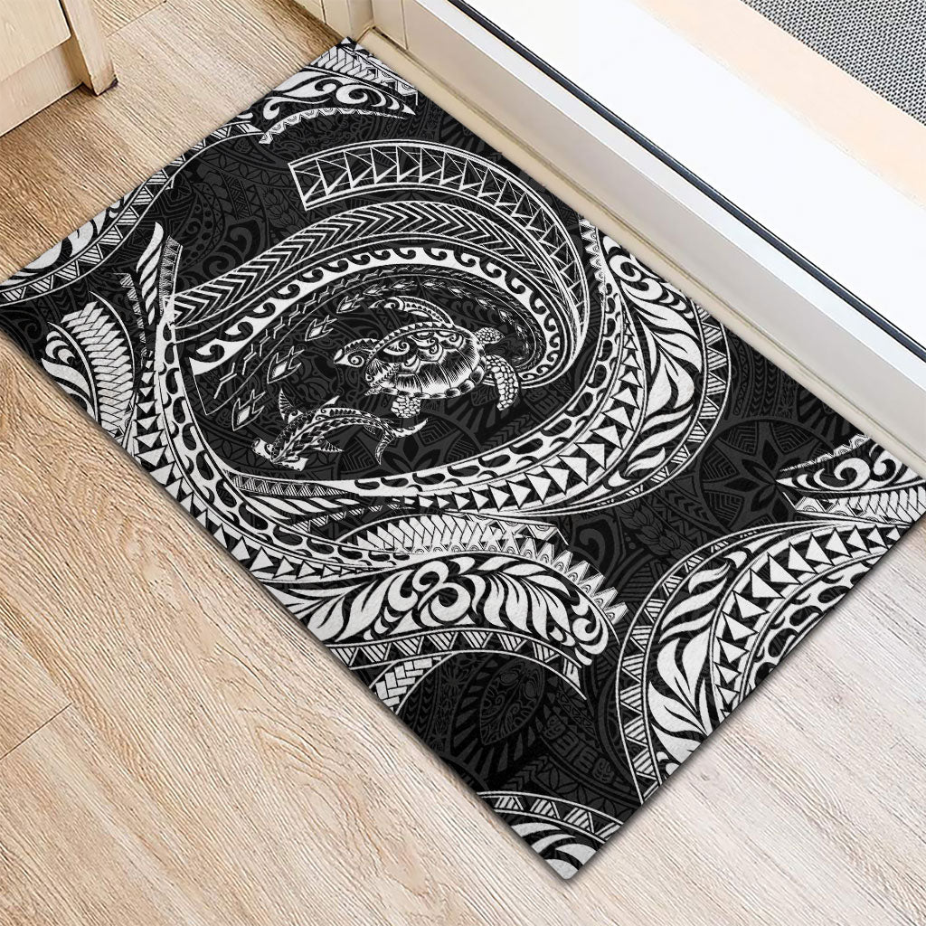 Hawaiian Turtle and Shark Rubber Doormat Kakau Tribal with Polynesian Pattern Black Color
