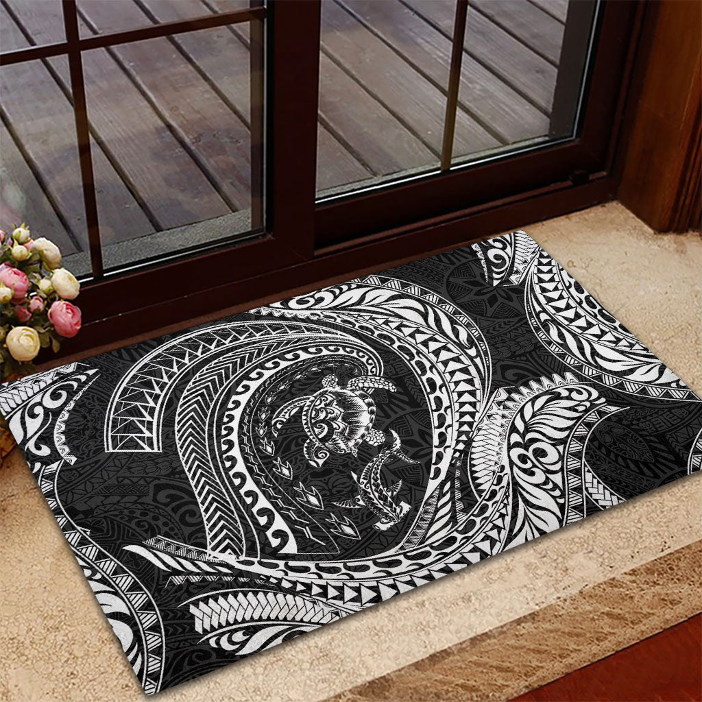 Hawaiian Turtle and Shark Rubber Doormat Kakau Tribal with Polynesian Pattern Black Color