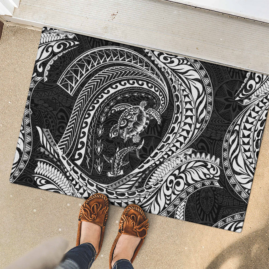 Hawaiian Turtle and Shark Rubber Doormat Kakau Tribal with Polynesian Pattern Black Color