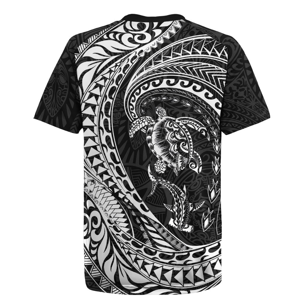 Hawaiian Turtle and Shark Rugby Jersey Kakau Tribal with Polynesian Pattern Black Color