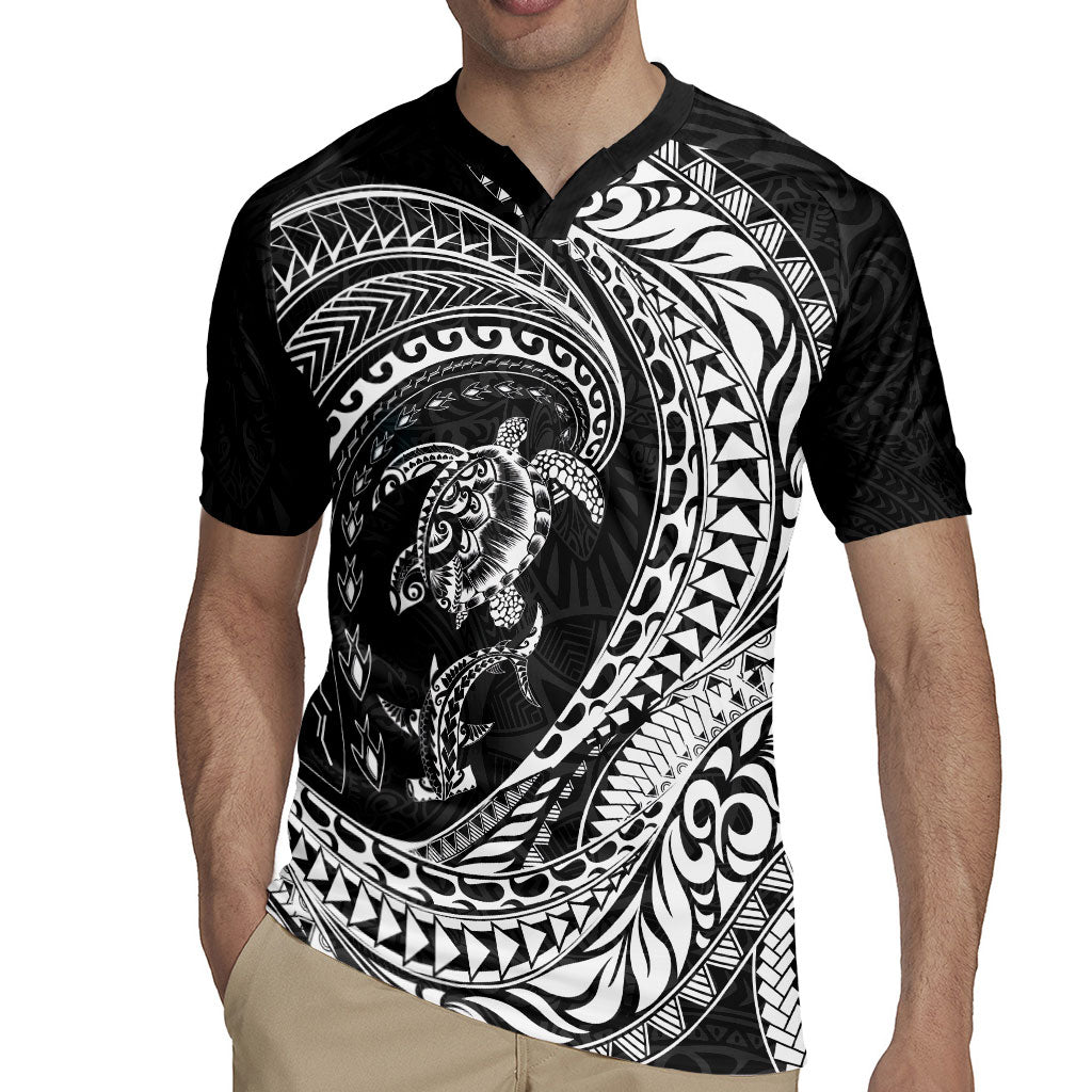 Hawaiian Turtle and Shark Rugby Jersey Kakau Tribal with Polynesian Pattern Black Color