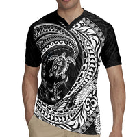 Hawaiian Turtle and Shark Rugby Jersey Kakau Tribal with Polynesian Pattern Black Color