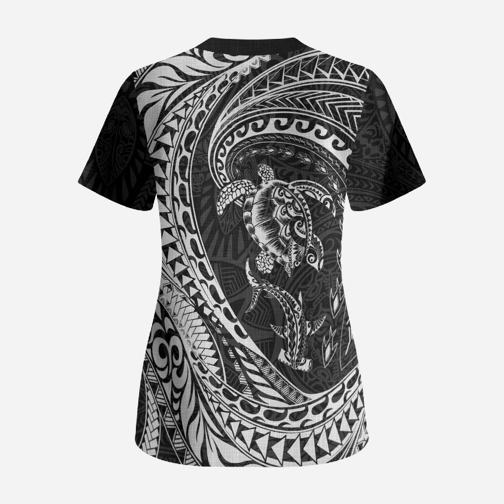 Hawaiian Turtle and Shark Scrub Top Kakau Tribal with Polynesian Pattern Black Color