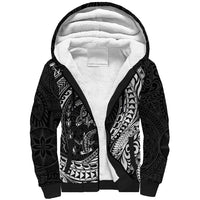 Hawaiian Turtle and Shark Sherpa Hoodie Kakau Tribal with Polynesian Pattern Black Color