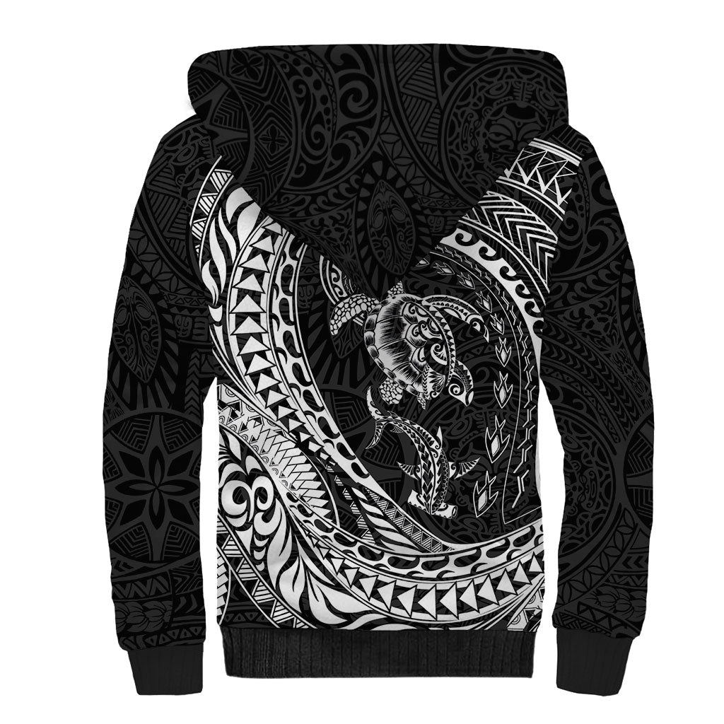 Hawaiian Turtle and Shark Sherpa Hoodie Kakau Tribal with Polynesian Pattern Black Color