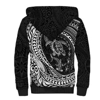 Hawaiian Turtle and Shark Sherpa Hoodie Kakau Tribal with Polynesian Pattern Black Color