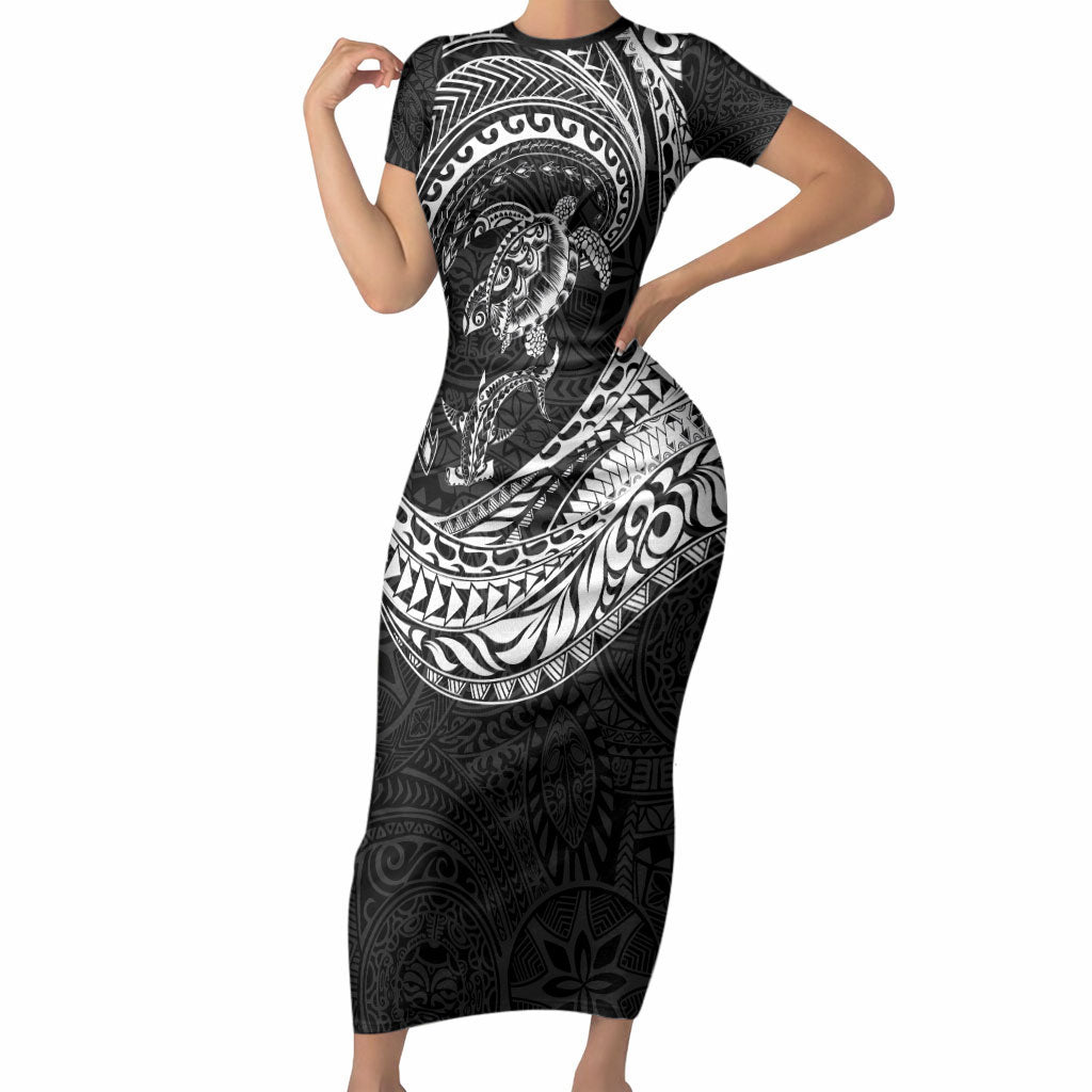 Hawaiian Turtle and Shark Short Sleeve Bodycon Dress Kakau Tribal with Polynesian Pattern Black Color