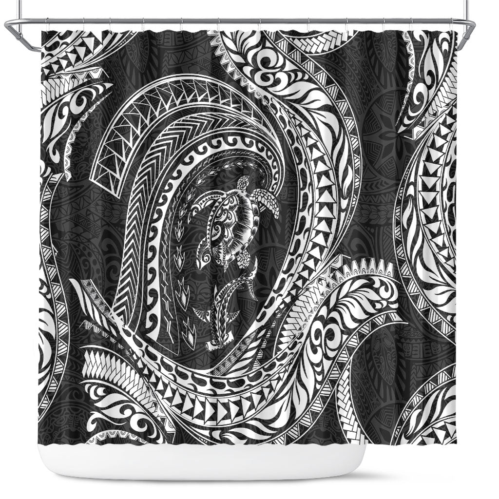 Hawaiian Turtle and Shark Shower Curtain Kakau Tribal with Polynesian Pattern Black Color