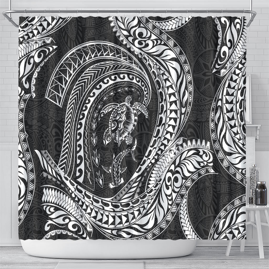 Hawaiian Turtle and Shark Shower Curtain Kakau Tribal with Polynesian Pattern Black Color