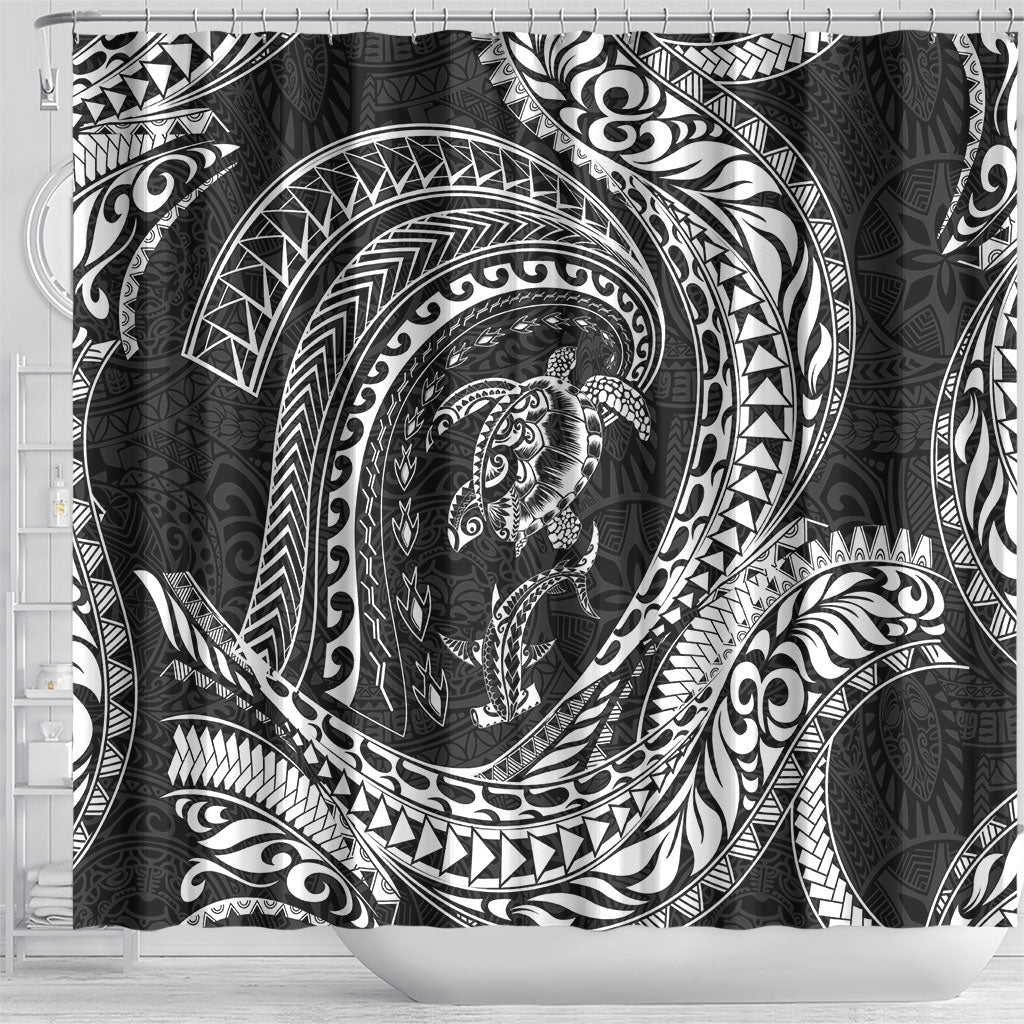 Hawaiian Turtle and Shark Shower Curtain Kakau Tribal with Polynesian Pattern Black Color