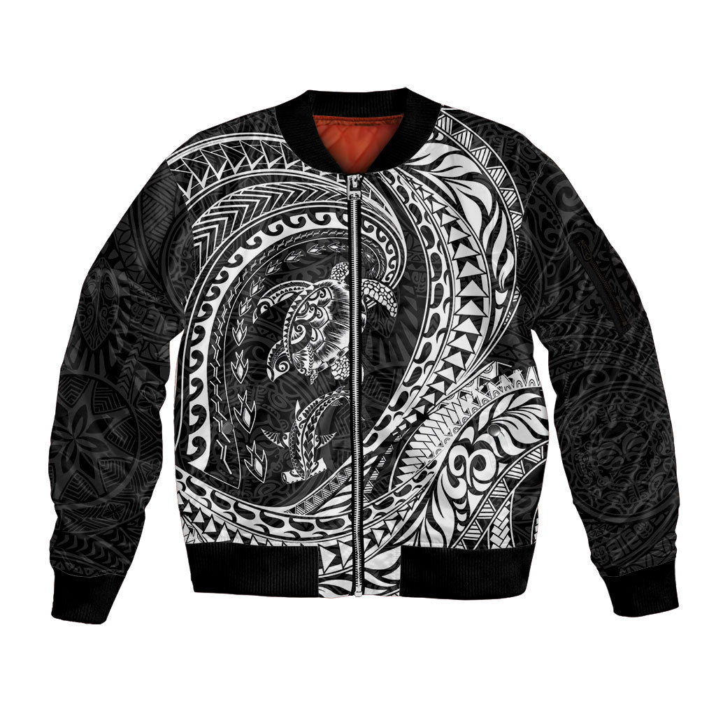 Hawaiian Turtle and Shark Sleeve Zip Bomber Jacket Kakau Tribal with Polynesian Pattern Black Color