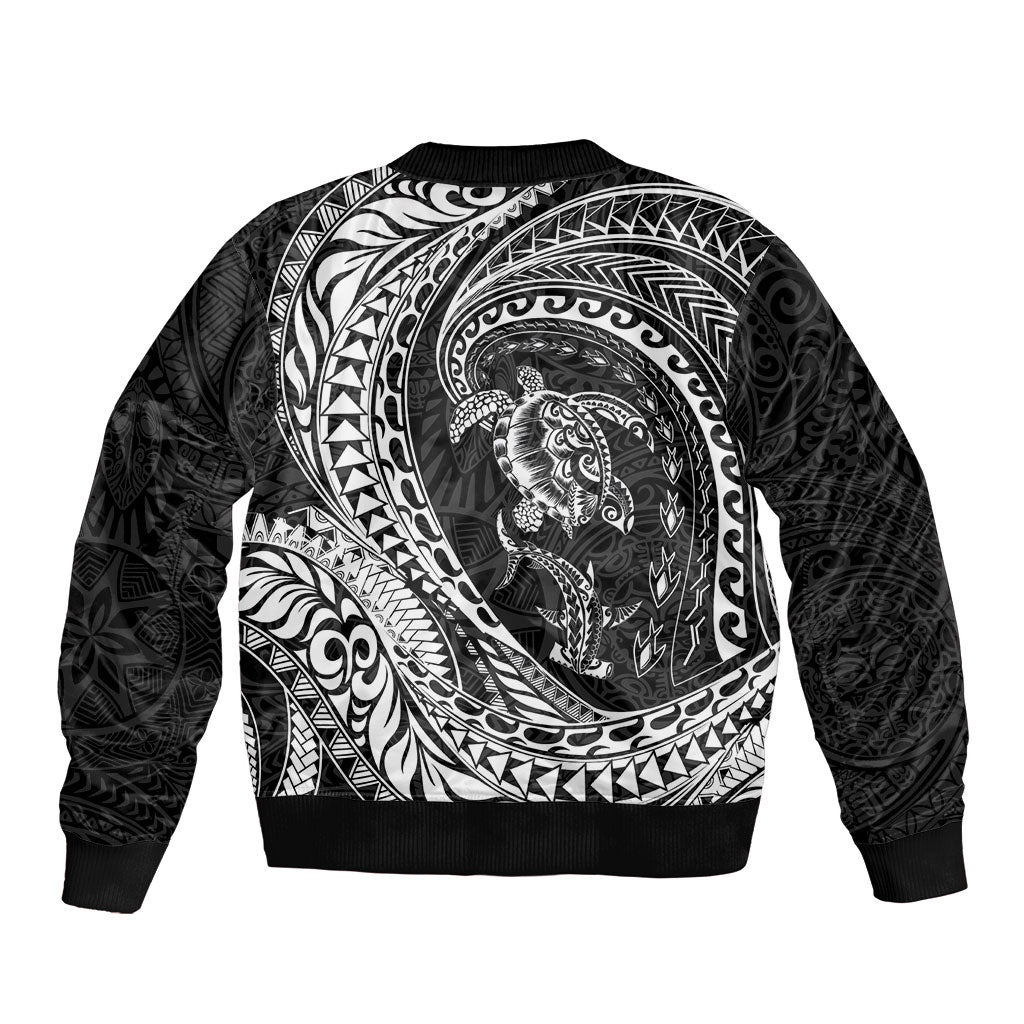 Hawaiian Turtle and Shark Sleeve Zip Bomber Jacket Kakau Tribal with Polynesian Pattern Black Color