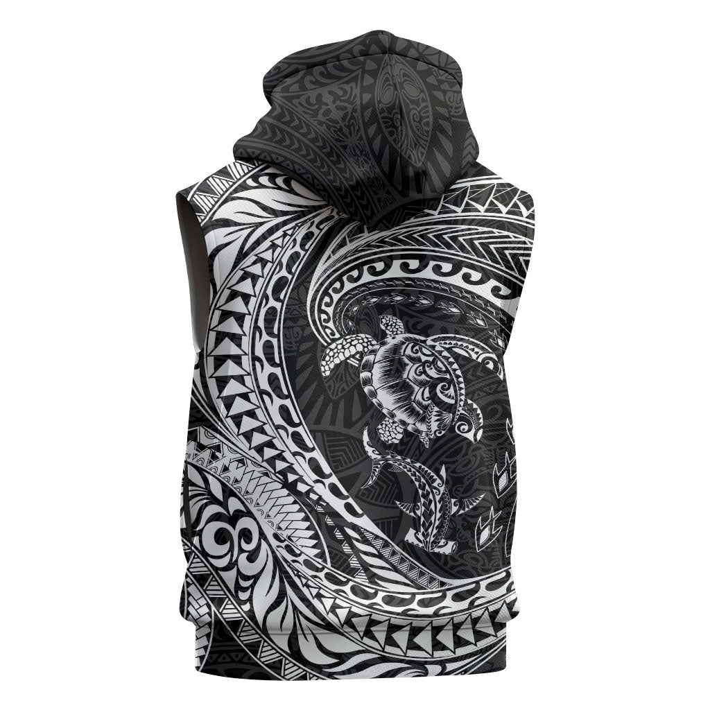 Hawaiian Turtle and Shark Sleeveless Hoodie Kakau Tribal with Polynesian Pattern Black Color