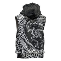 Hawaiian Turtle and Shark Sleeveless Hoodie Kakau Tribal with Polynesian Pattern Black Color