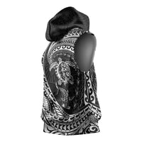 Hawaiian Turtle and Shark Sleeveless Hoodie Kakau Tribal with Polynesian Pattern Black Color
