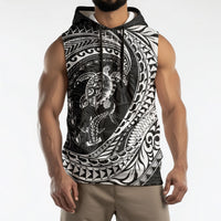 Hawaiian Turtle and Shark Sleeveless Hoodie Kakau Tribal with Polynesian Pattern Black Color