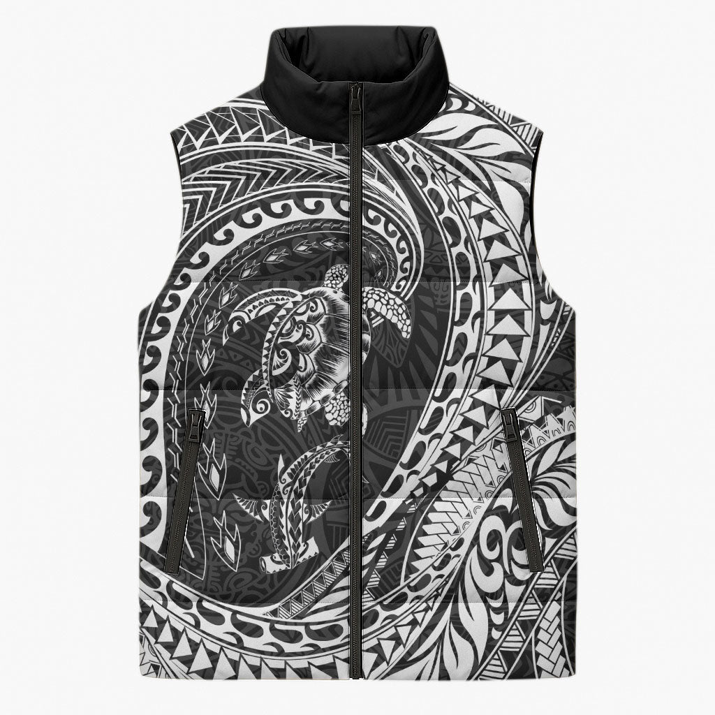 Hawaiian Turtle and Shark Sleeveless Puffer Jacket Kakau Tribal with Polynesian Pattern Black Color