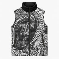 Hawaiian Turtle and Shark Sleeveless Puffer Jacket Kakau Tribal with Polynesian Pattern Black Color