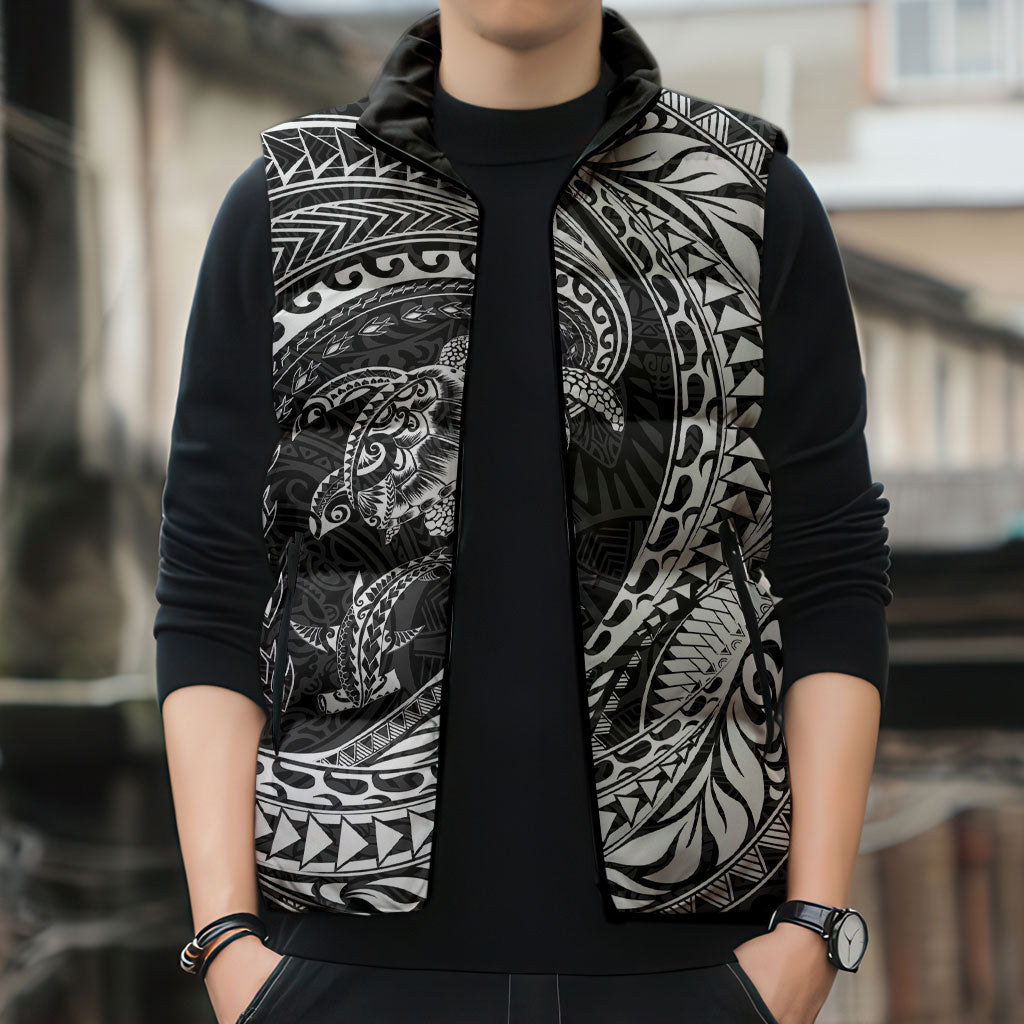 Hawaiian Turtle and Shark Sleeveless Puffer Jacket Kakau Tribal with Polynesian Pattern Black Color
