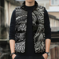 Hawaiian Turtle and Shark Sleeveless Puffer Jacket Kakau Tribal with Polynesian Pattern Black Color