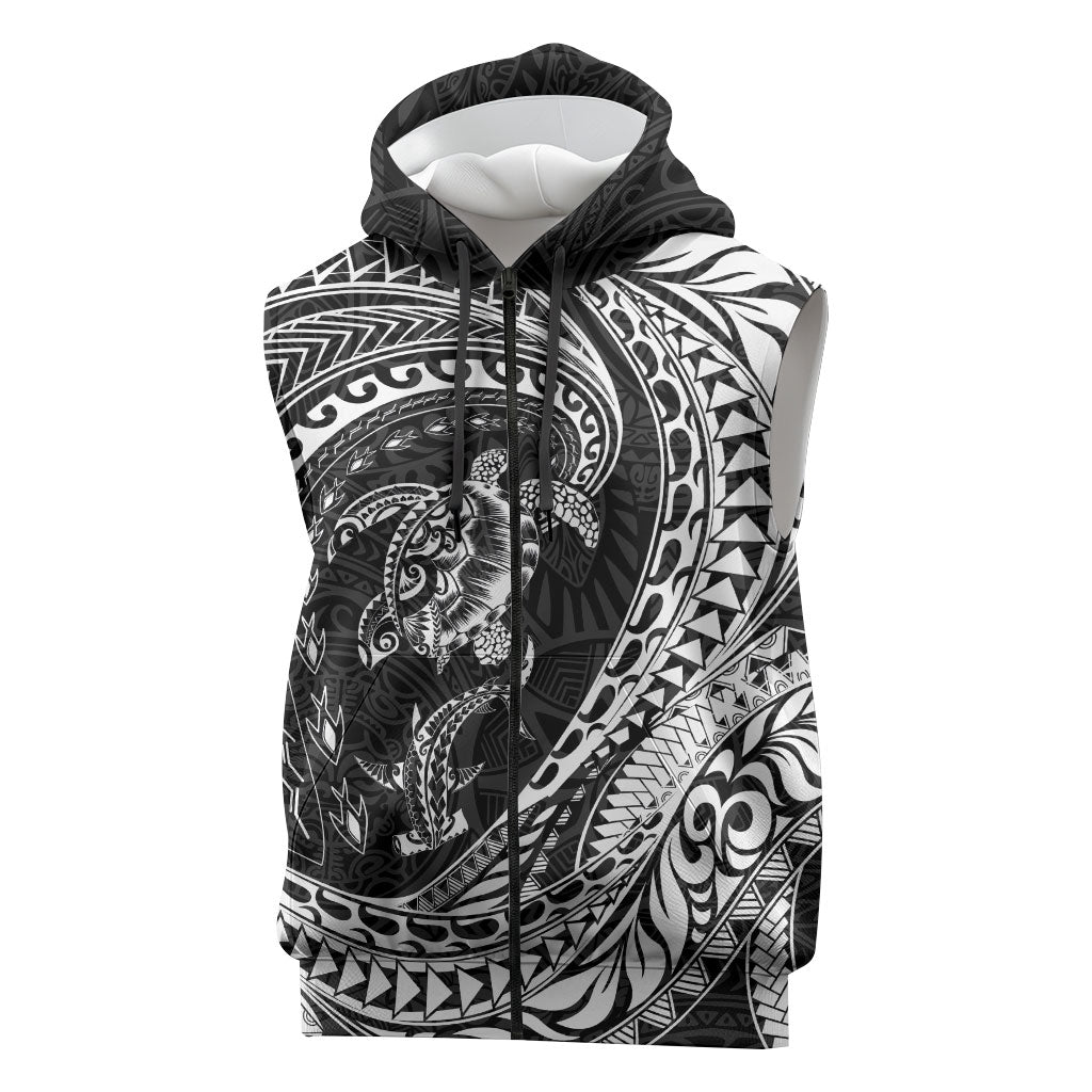 Hawaiian Turtle and Shark Sleeveless Zip Hoodie Kakau Tribal with Polynesian Pattern Black Color