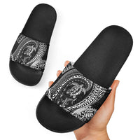 Hawaiian Turtle and Shark Slide Sandals Kakau Tribal with Polynesian Pattern Black Color