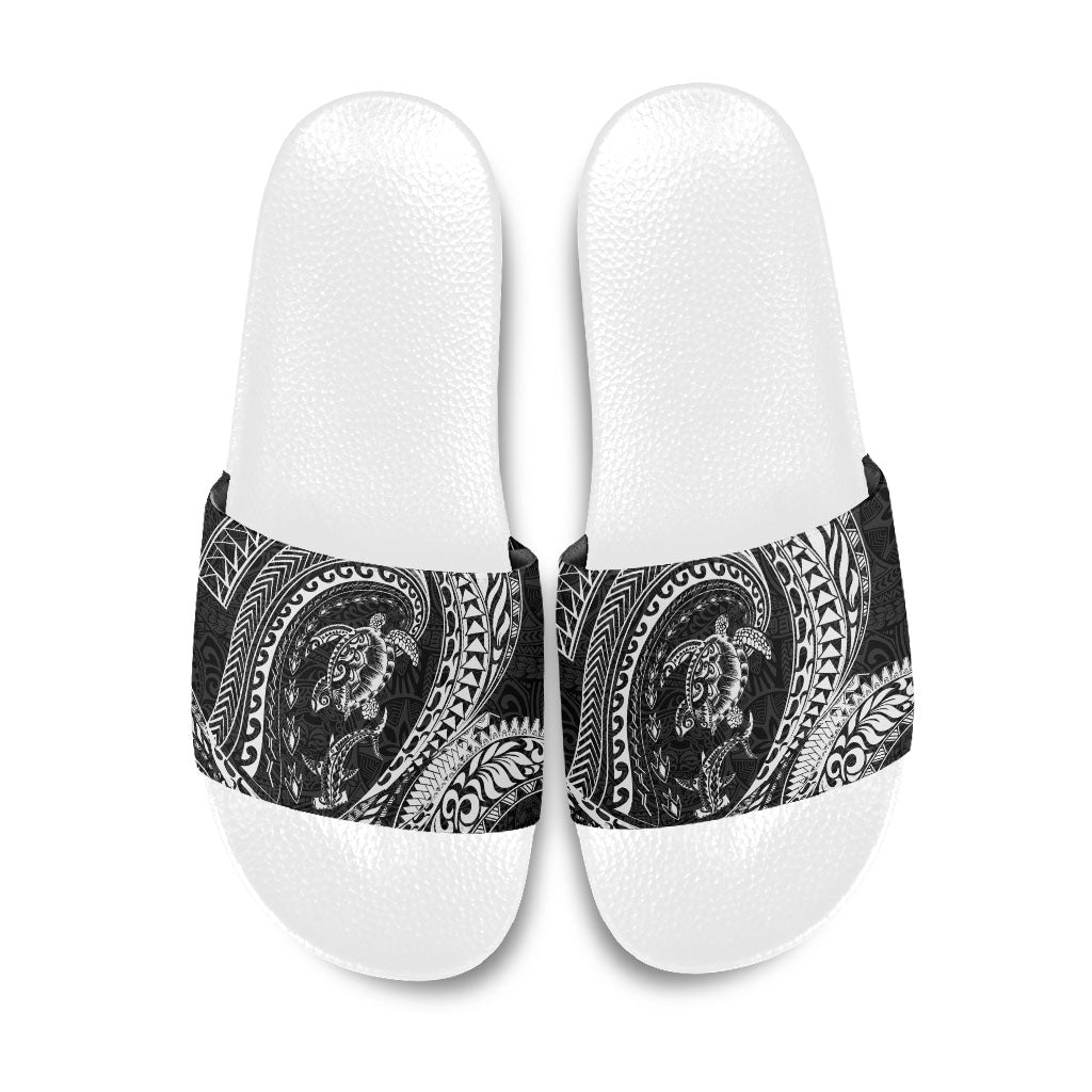 Hawaiian Turtle and Shark Slide Sandals Kakau Tribal with Polynesian Pattern Black Color