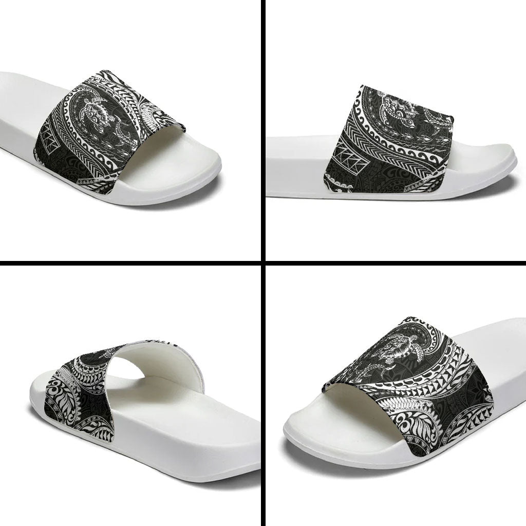 Hawaiian Turtle and Shark Slide Sandals Kakau Tribal with Polynesian Pattern Black Color