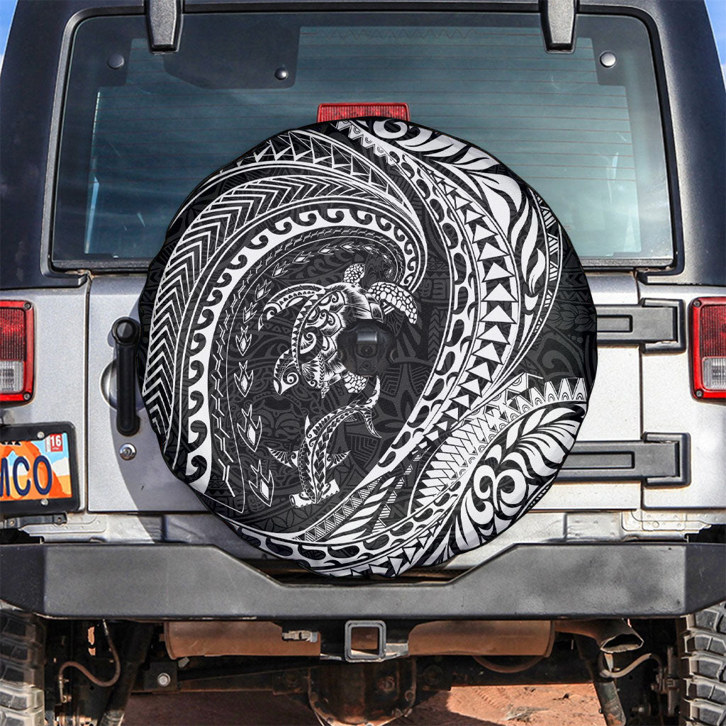 Hawaiian Turtle and Shark Spare Tire Cover Kakau Tribal with Polynesian Pattern Black Color