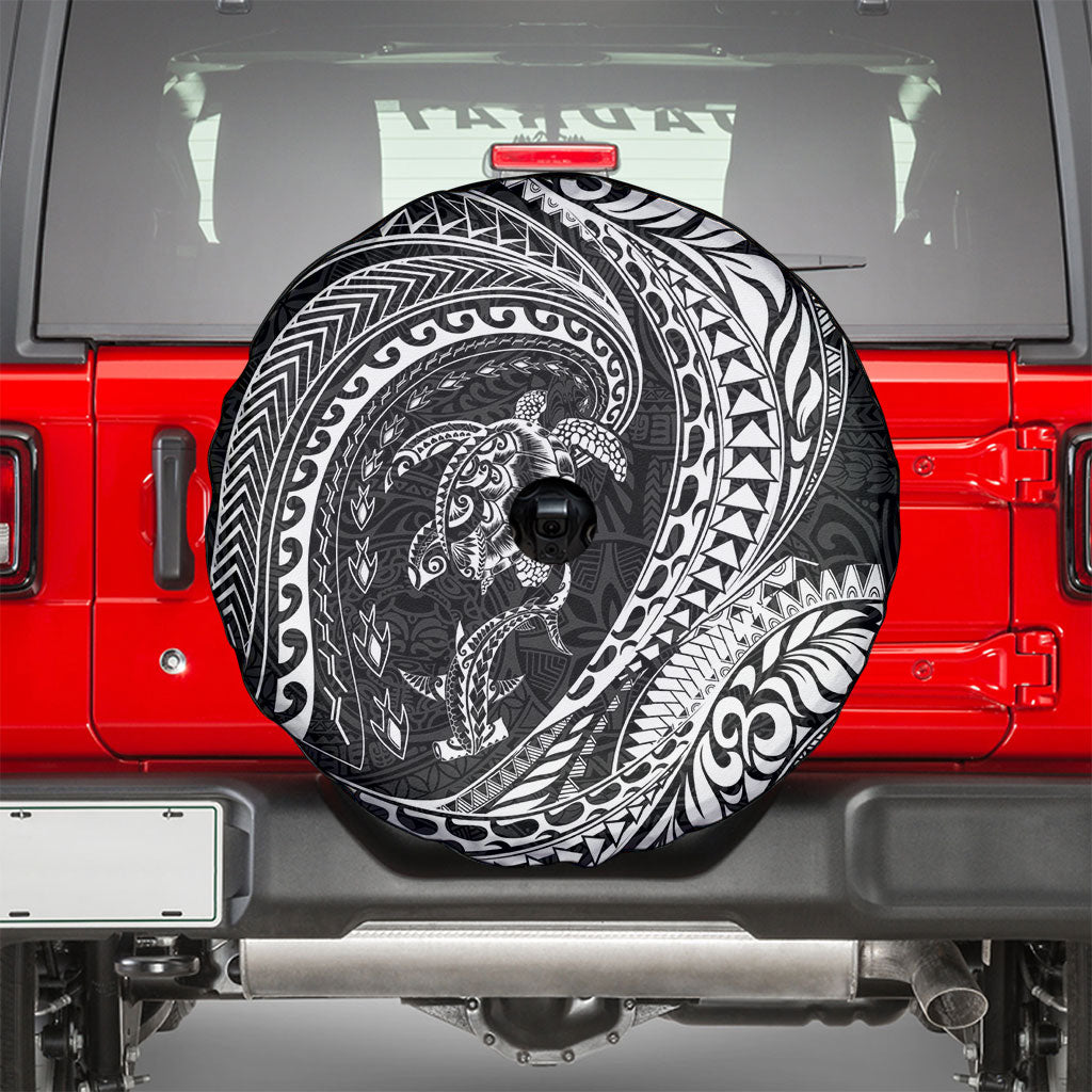 Hawaiian Turtle and Shark Spare Tire Cover Kakau Tribal with Polynesian Pattern Black Color
