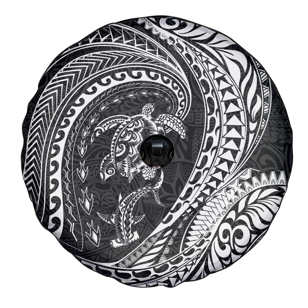 Hawaiian Turtle and Shark Spare Tire Cover Kakau Tribal with Polynesian Pattern Black Color