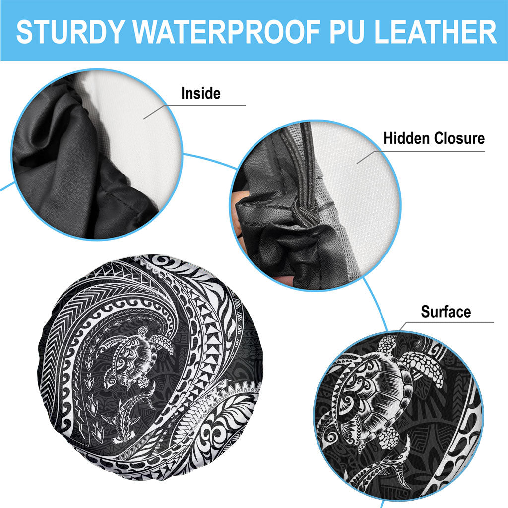 Hawaiian Turtle and Shark Spare Tire Cover Kakau Tribal with Polynesian Pattern Black Color