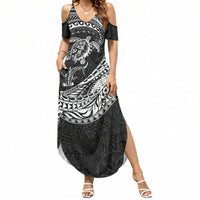 Hawaiian Turtle and Shark Summer Maxi Dress Kakau Tribal with Polynesian Pattern Black Color
