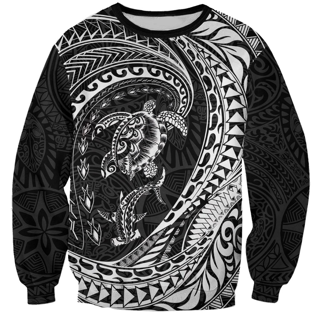 Hawaiian Turtle and Shark Sweatshirt Kakau Tribal with Polynesian Pattern Black Color