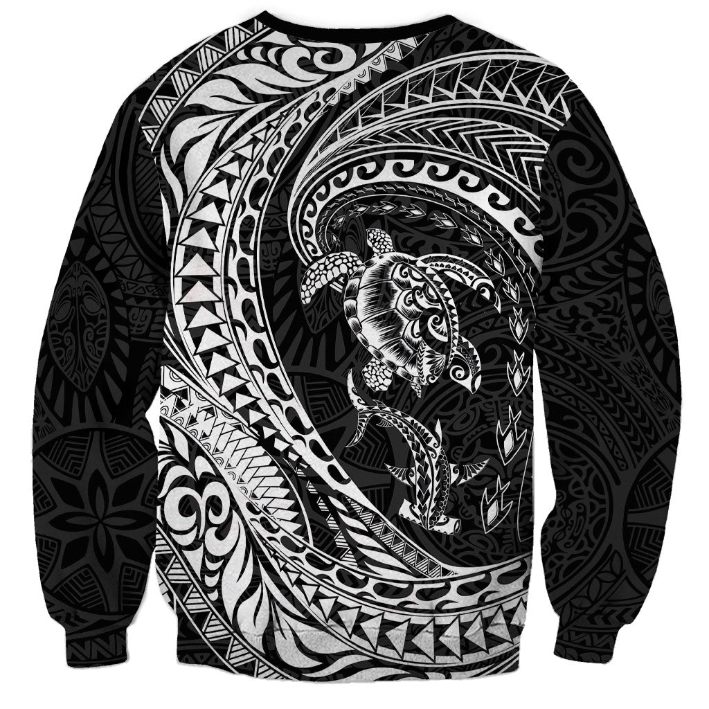 Hawaiian Turtle and Shark Sweatshirt Kakau Tribal with Polynesian Pattern Black Color