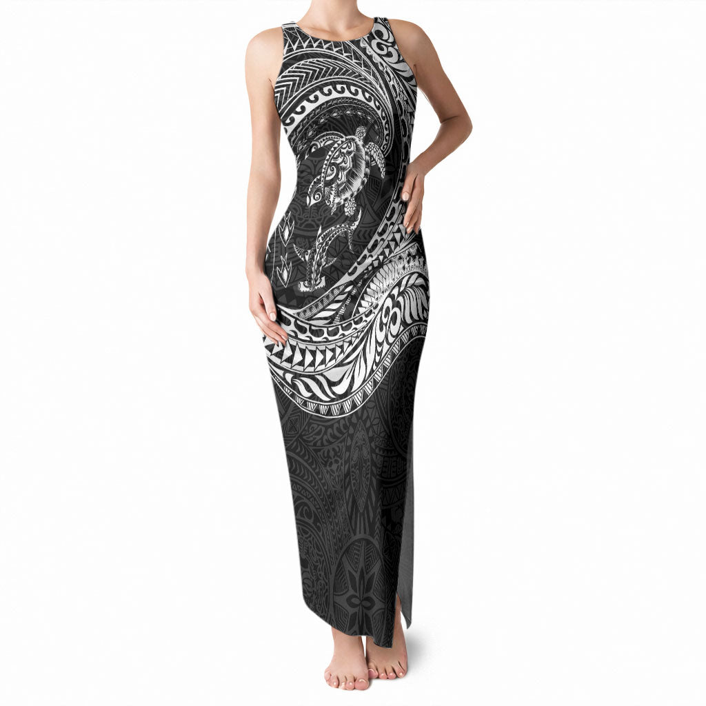 Hawaiian Turtle and Shark Tank Maxi Dress Kakau Tribal with Polynesian Pattern Black Color