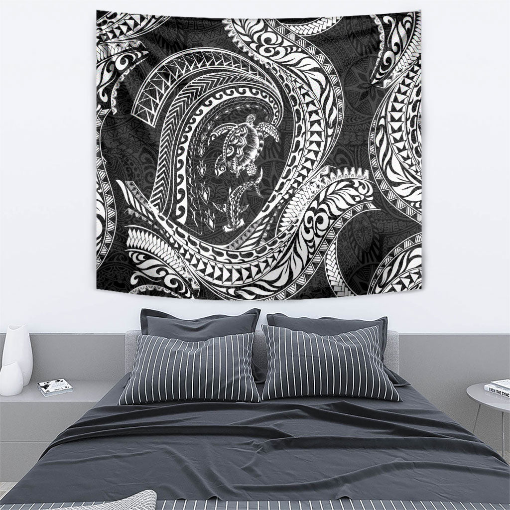 Hawaiian Turtle and Shark Tapestry Kakau Tribal with Polynesian Pattern Black Color