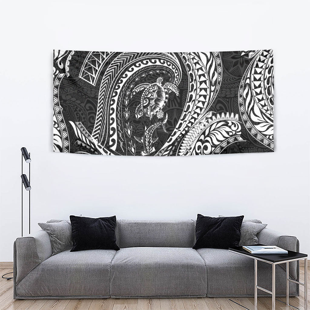 Hawaiian Turtle and Shark Tapestry Kakau Tribal with Polynesian Pattern Black Color