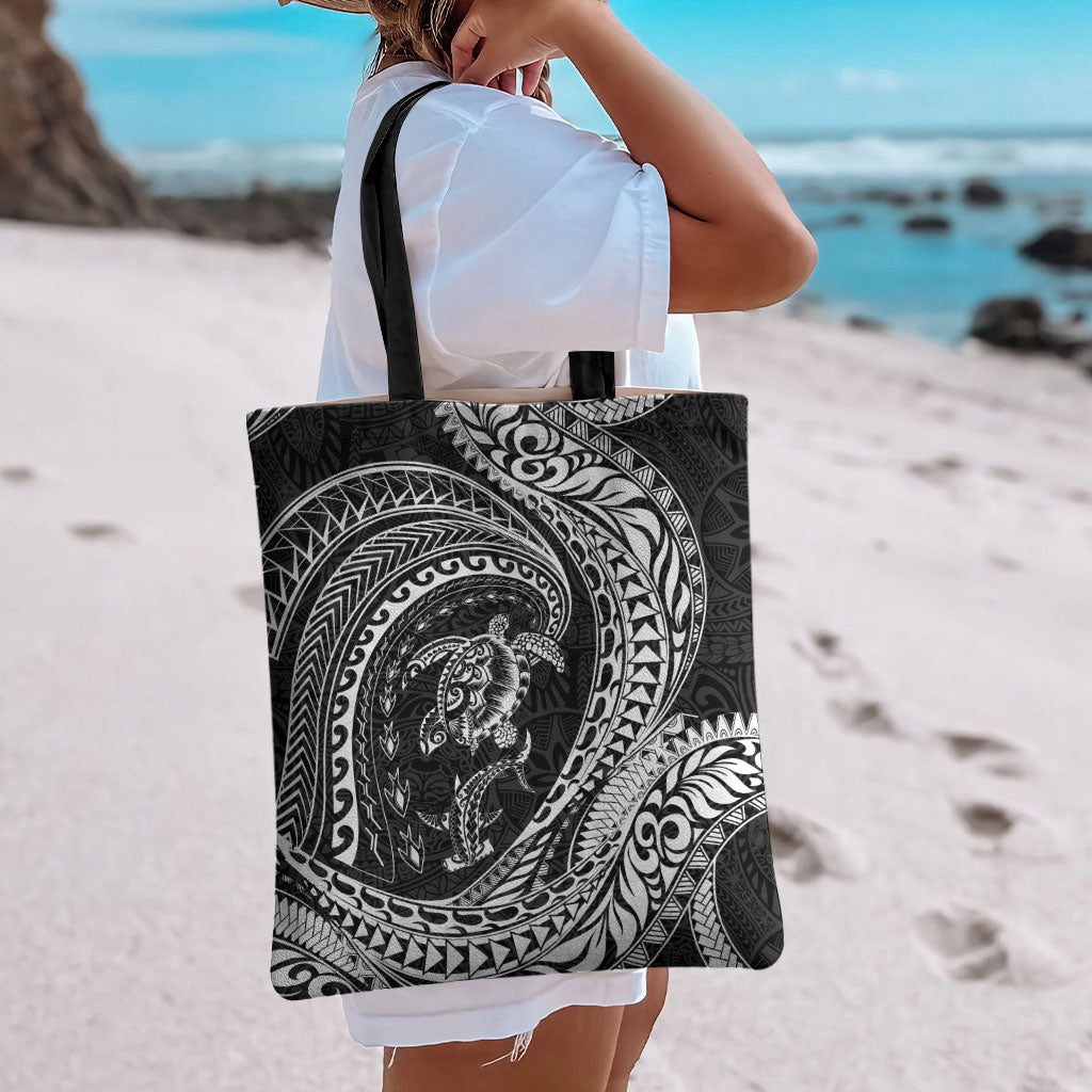 Hawaiian Turtle and Shark Tote Bag Kakau Tribal with Polynesian Pattern Black Color