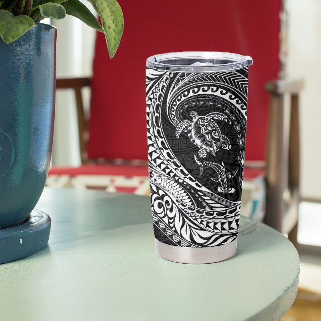 Hawaiian Turtle and Shark Tumbler Cup Kakau Tribal with Polynesian Pattern Black Color