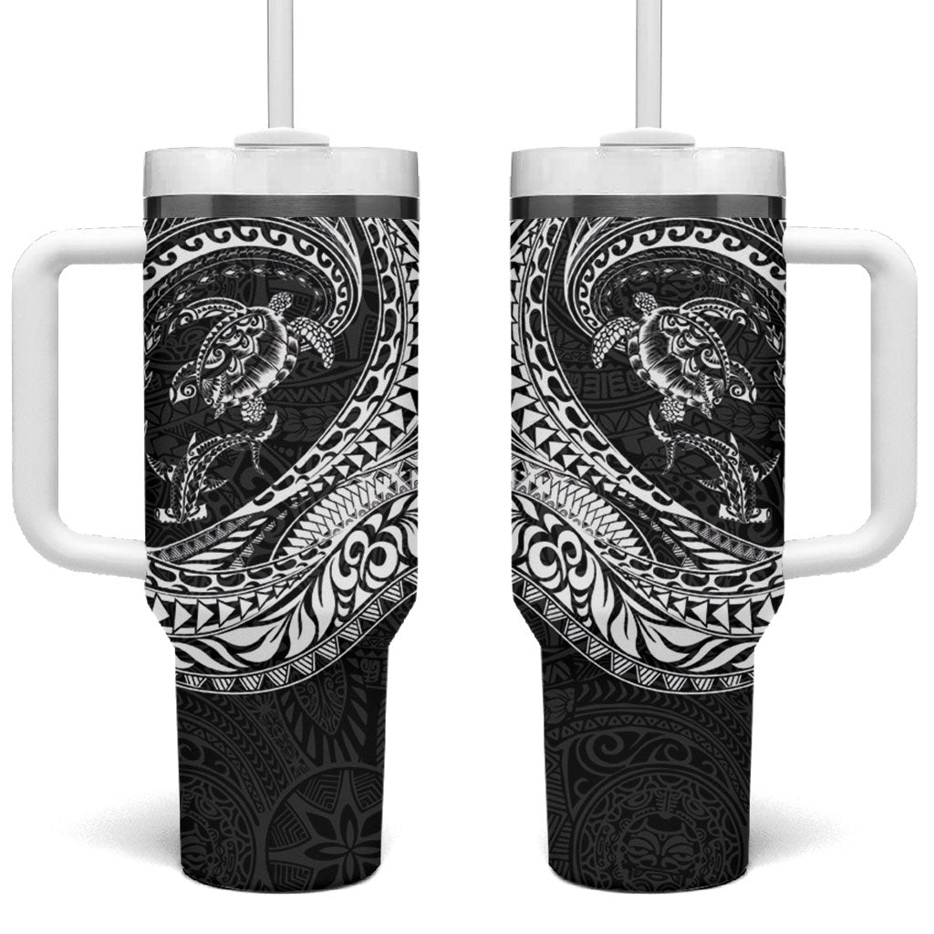 Hawaiian Turtle and Shark Tumbler With Handle Kakau Tribal with Polynesian Pattern Black Color