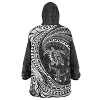 Hawaiian Turtle and Shark Wearable Blanket Hoodie Kakau Tribal with Polynesian Pattern Black Color