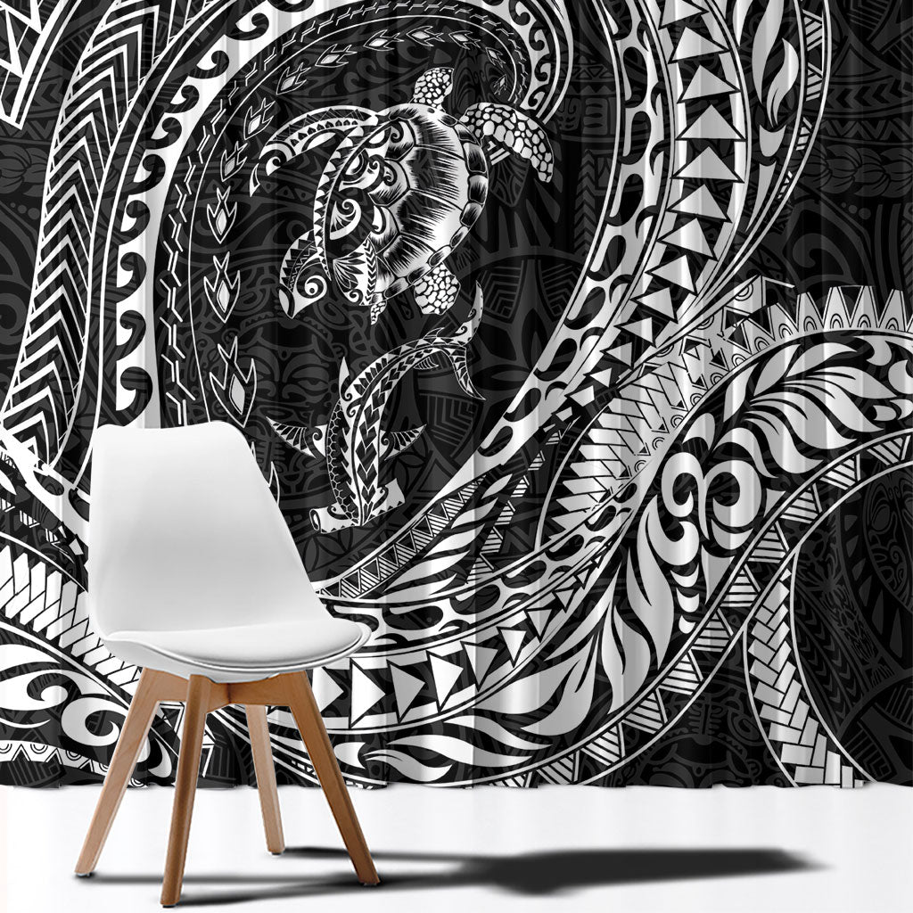 Hawaiian Turtle and Shark Window Curtain Kakau Tribal with Polynesian Pattern Black Color
