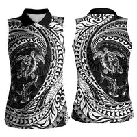 Hawaiian Turtle and Shark Women Sleeveless Polo Shirt Kakau Tribal with Polynesian Pattern Black Color