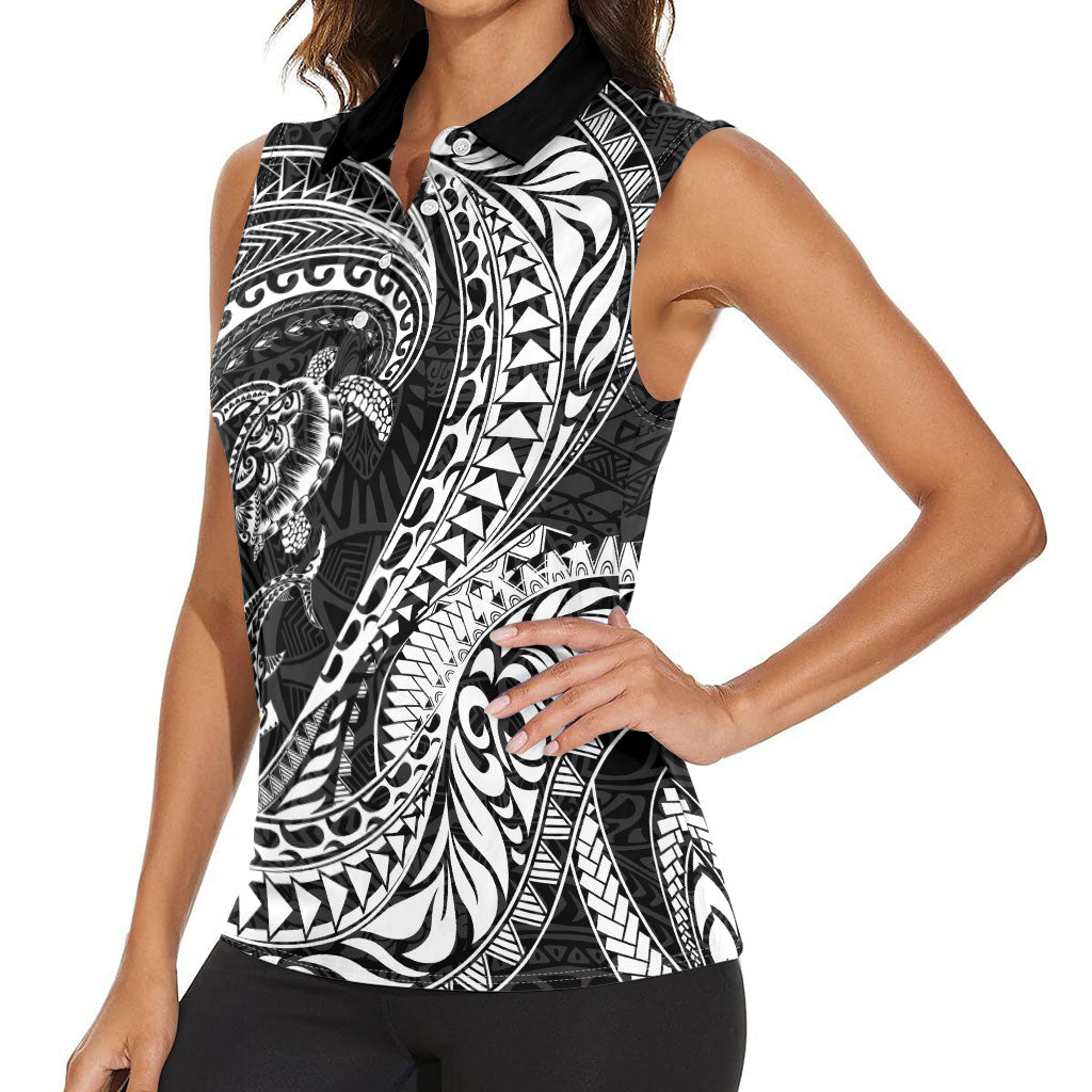 Hawaiian Turtle and Shark Women Sleeveless Polo Shirt Kakau Tribal with Polynesian Pattern Black Color