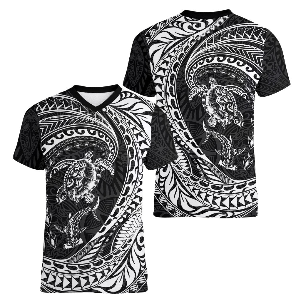 Hawaiian Turtle and Shark Women V-Neck T-Shirt Kakau Tribal with Polynesian Pattern Black Color