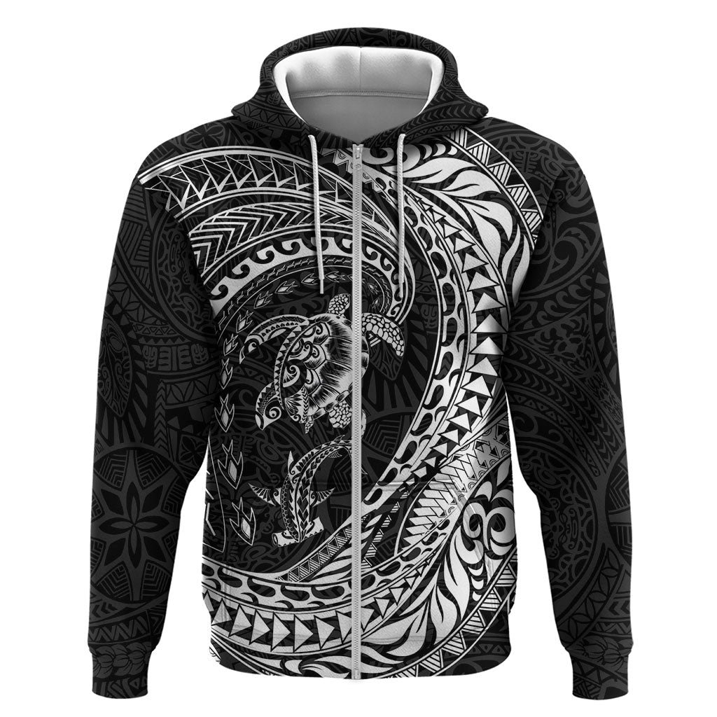 Hawaiian Turtle and Shark Zip Hoodie Kakau Tribal with Polynesian Pattern Black Color