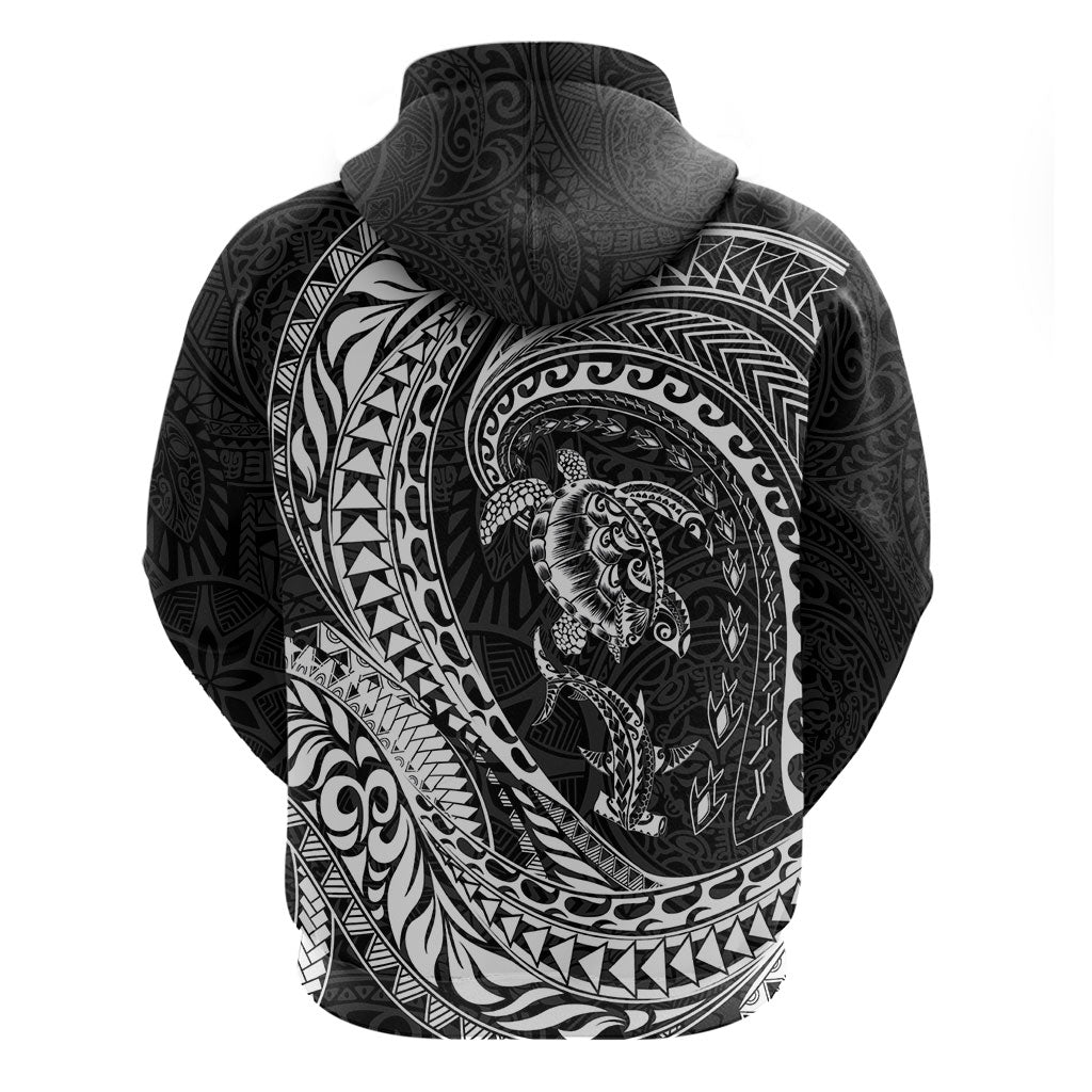 Hawaiian Turtle and Shark Zip Hoodie Kakau Tribal with Polynesian Pattern Black Color