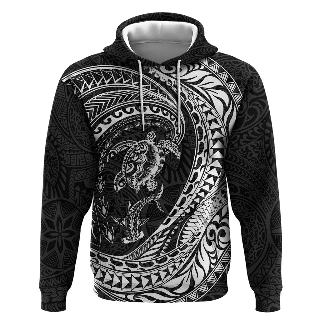 Hawaiian Turtle and Shark Zip Hoodie Kakau Tribal with Polynesian Pattern Black Color